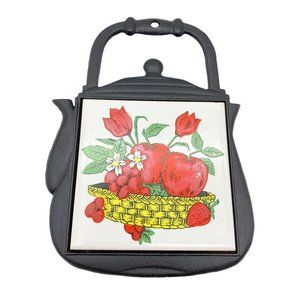 Vintage metal tea kettle tile trivet Made Taiwan Apple rose basket fruit